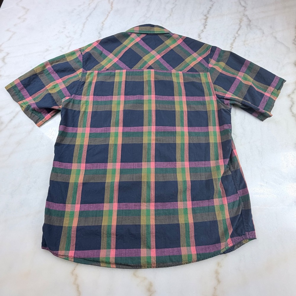 Kavu Mens XL Short Sleeve Button Down Shirt Blue Casual Plaid Pocket 100% Cotton